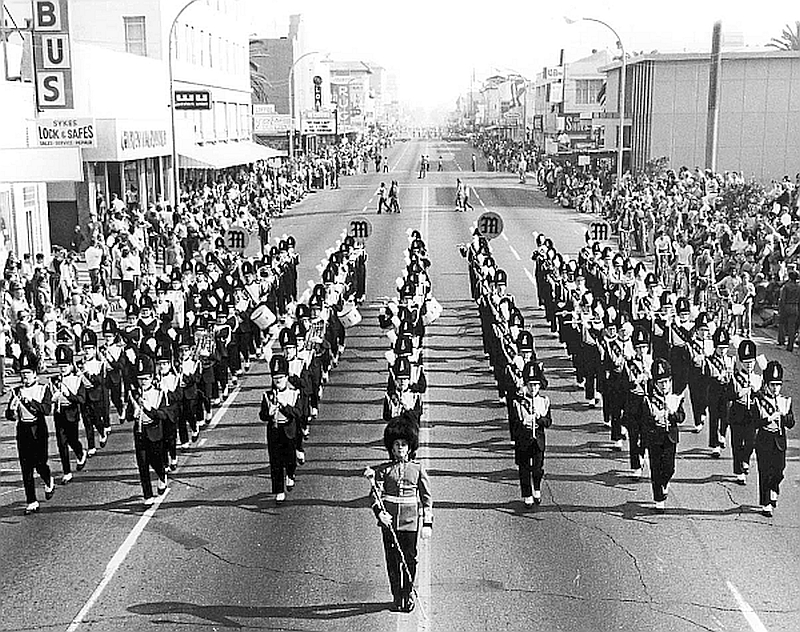CCBR at Merced,  Merced High School Marching 100, drum major George Bertaina, 1971-72